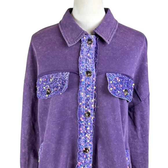 White Birch Purple Mineral Wash Velvet Trim Sequis Button Up Relaxed Shacket - Picture 11 of 16